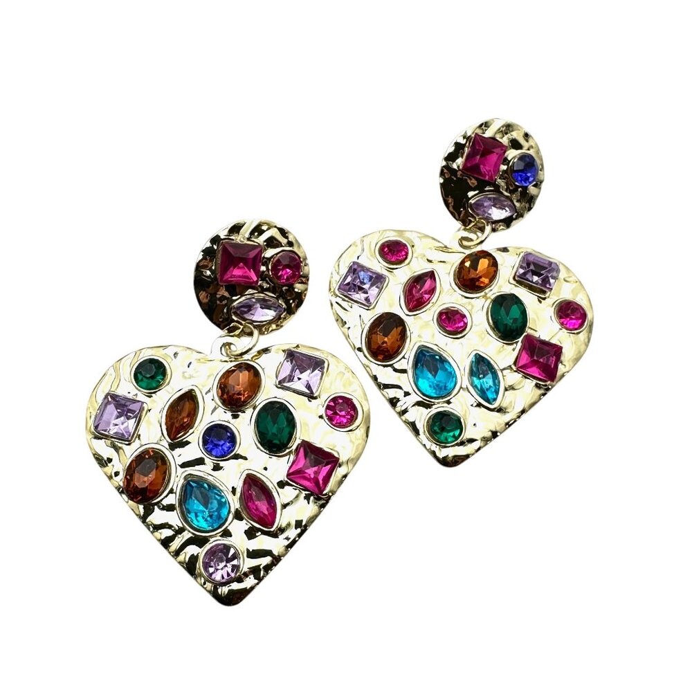 Multicolor Crystal Heart Gold Tone Earrings Pierced Chandelier New - Picture 4 of 5